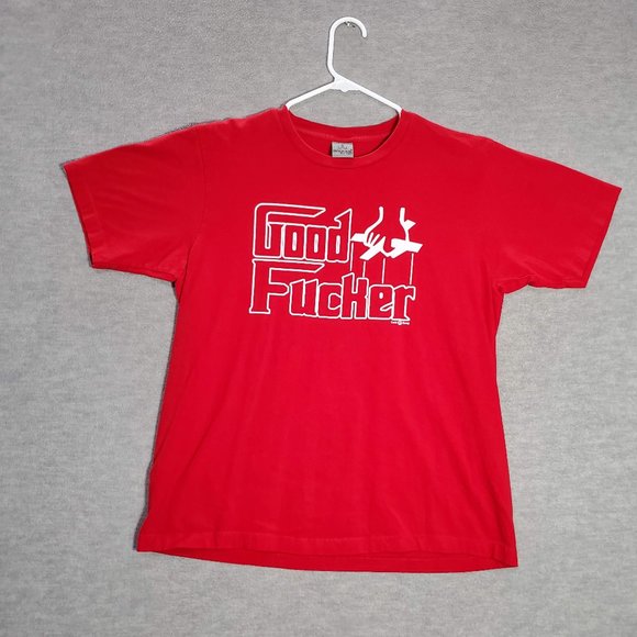 Good F*cker Men Shirt Large Red Graphic Print Parody Short Sleeve Crew Neck Tee - Picture 1 of 8